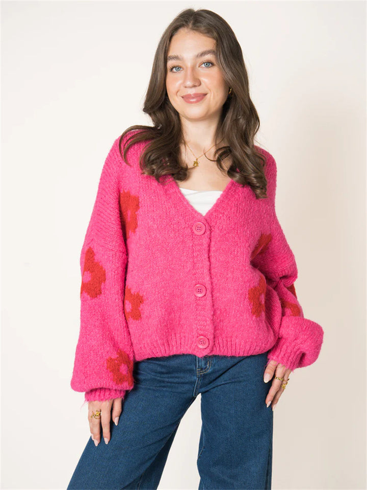 Damen Strickjacke mit floralem Muster und voluminösen Ärmeln Drune