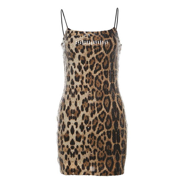 Damen Elegantes Leopardenmuster Kleid mit Glitzersteinen Drune