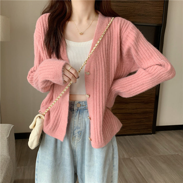 Damen Rippenstrick Cardigan mit herzförmigen Knöpfen Drune