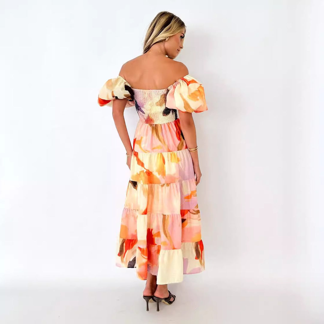 Damen Maxikleid mit Puffärmeln und floralem Smocking Drune