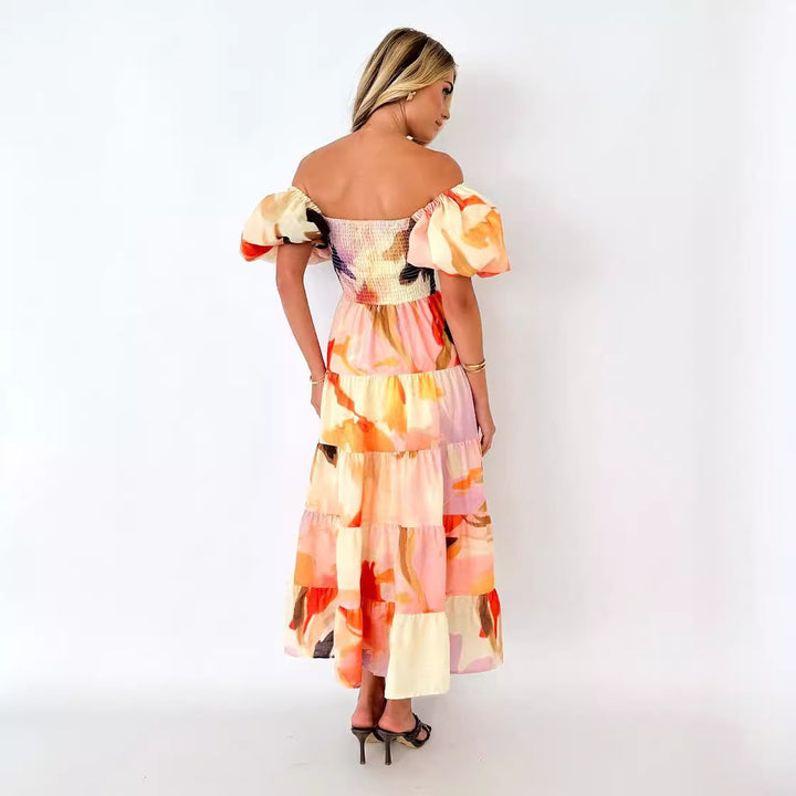 Damen Maxikleid mit Puffärmeln und floralem Smocking Drune