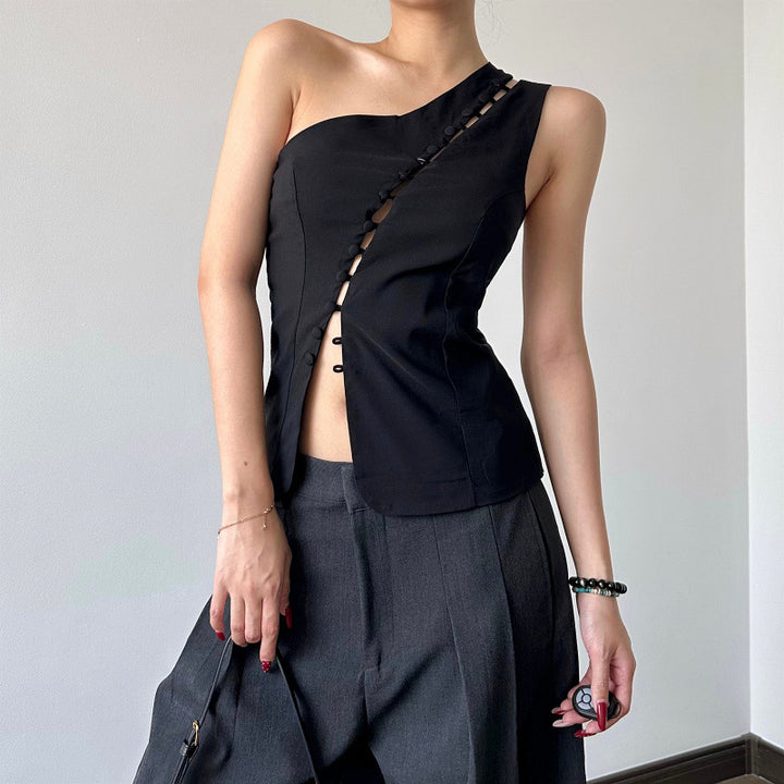 Damen Asymmetrisches Blusenshirt mit Knopfdetails Drune