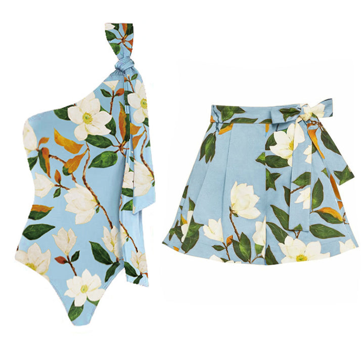 Damen Einseitiger Badeanzug mit floralem Design und elegantem Schleifen-Detail Drune
