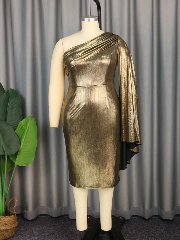 Damen Elegantes Ein-Schulter Kleid mit glänzender Stoffstruktur Drune