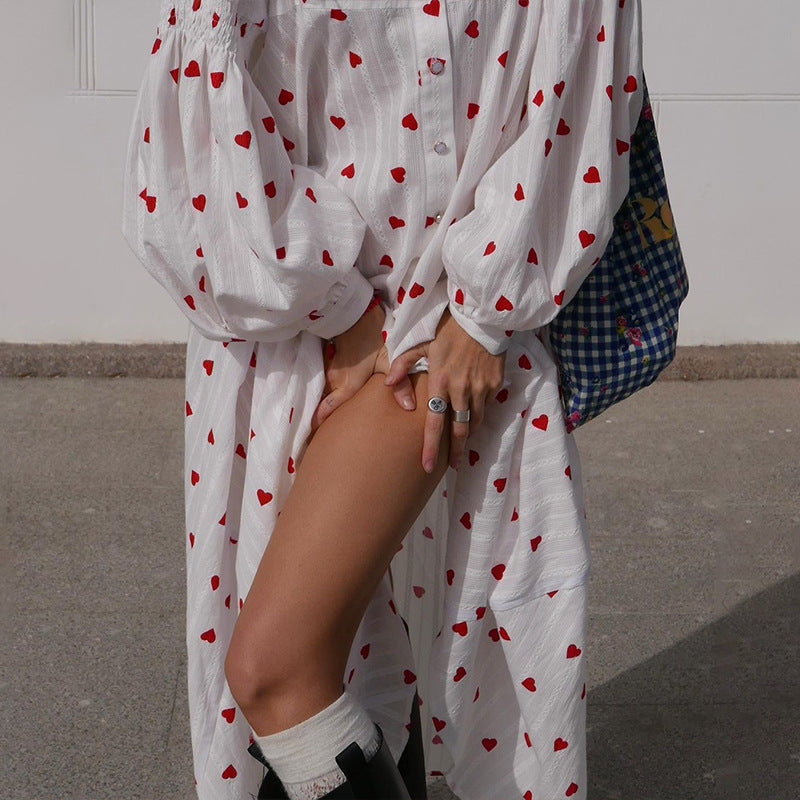 Damen Baumwoll-Maxi-Kleid mit Herzen und langen Ärmeln Drune