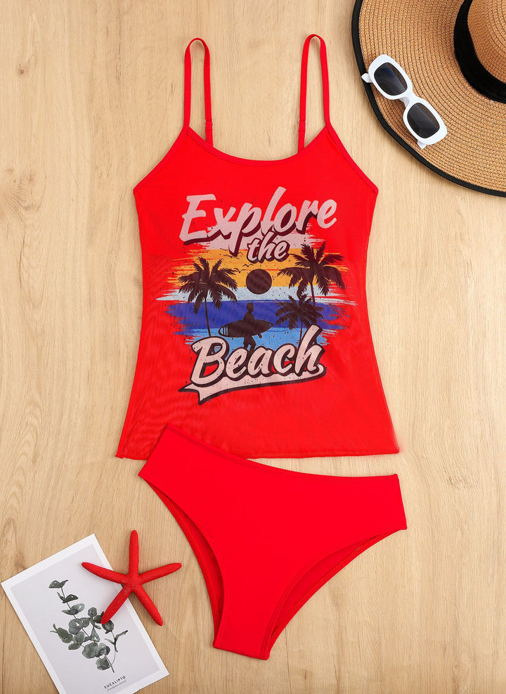 Damen Tankini-Set mit sportlichem Grafikdesign und hoch tailliertem Höschen Drune