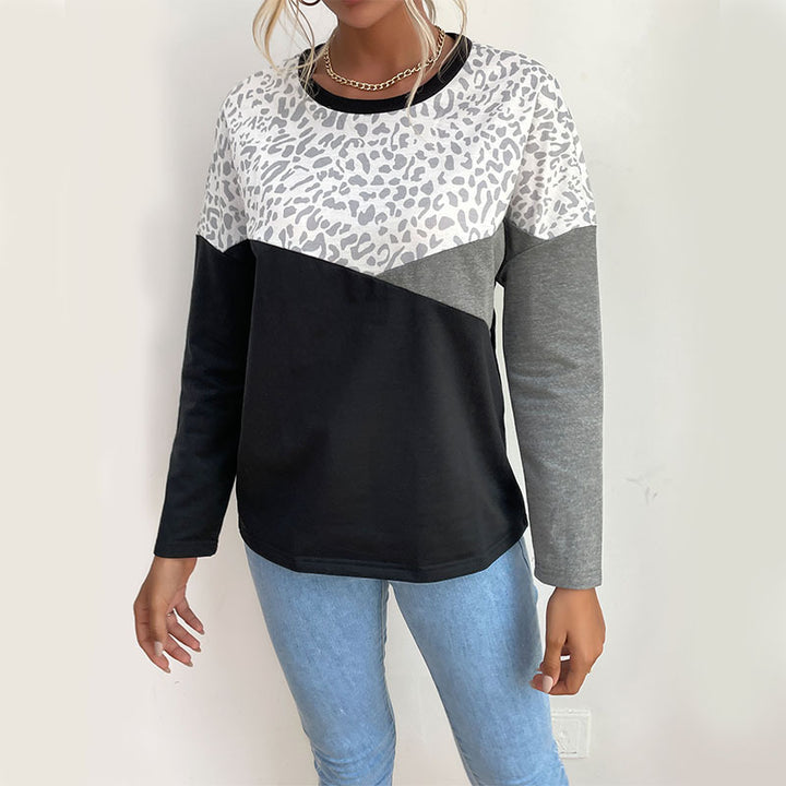 Damen modisches Langarmshirt mit kreativem Leoprint und Blockstreifen Drune