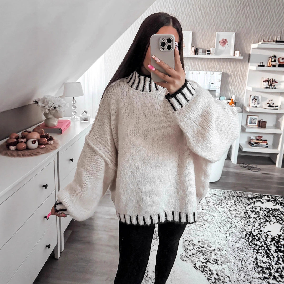 Damen lässiger Grobstrickpullover mit voluminösen Ärmeln und hohem Kragen Drune