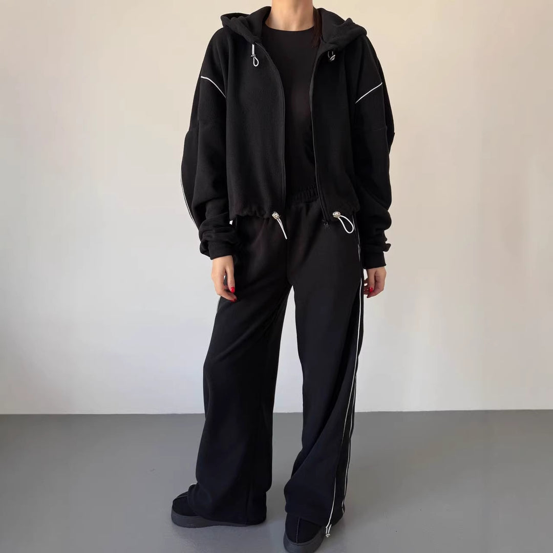 Damen lässiges Fleece-Set mit Kapuze und elastischem Bund Drune