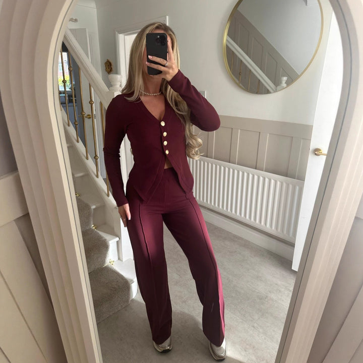 Damen elegantes Zweiteiler-Set mit Knöpfen Drune