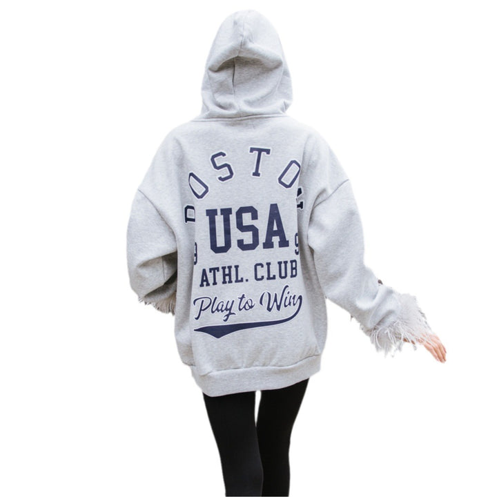 Damen Oversized Kapuzenpullover mit kreativem Schriftzug und modernen Fransen Drune