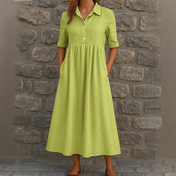 Damen Elegantes Maxikleid mit Hemdkragen und praktischen Taschen Drune