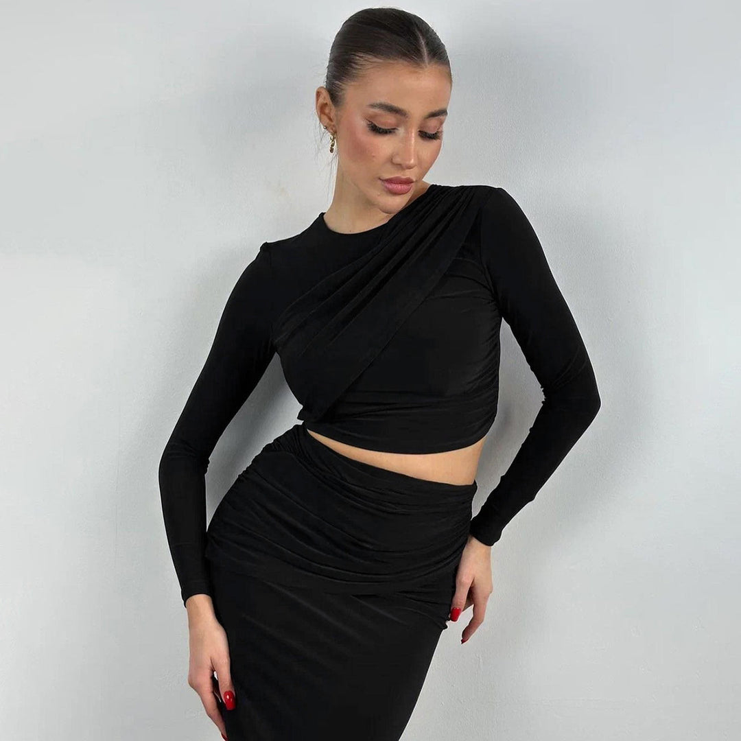 Damen Elegantes Wickeloberteil und Maxi-Rock Set mit langen Ärmeln und figurbetonter Silhouette Drune