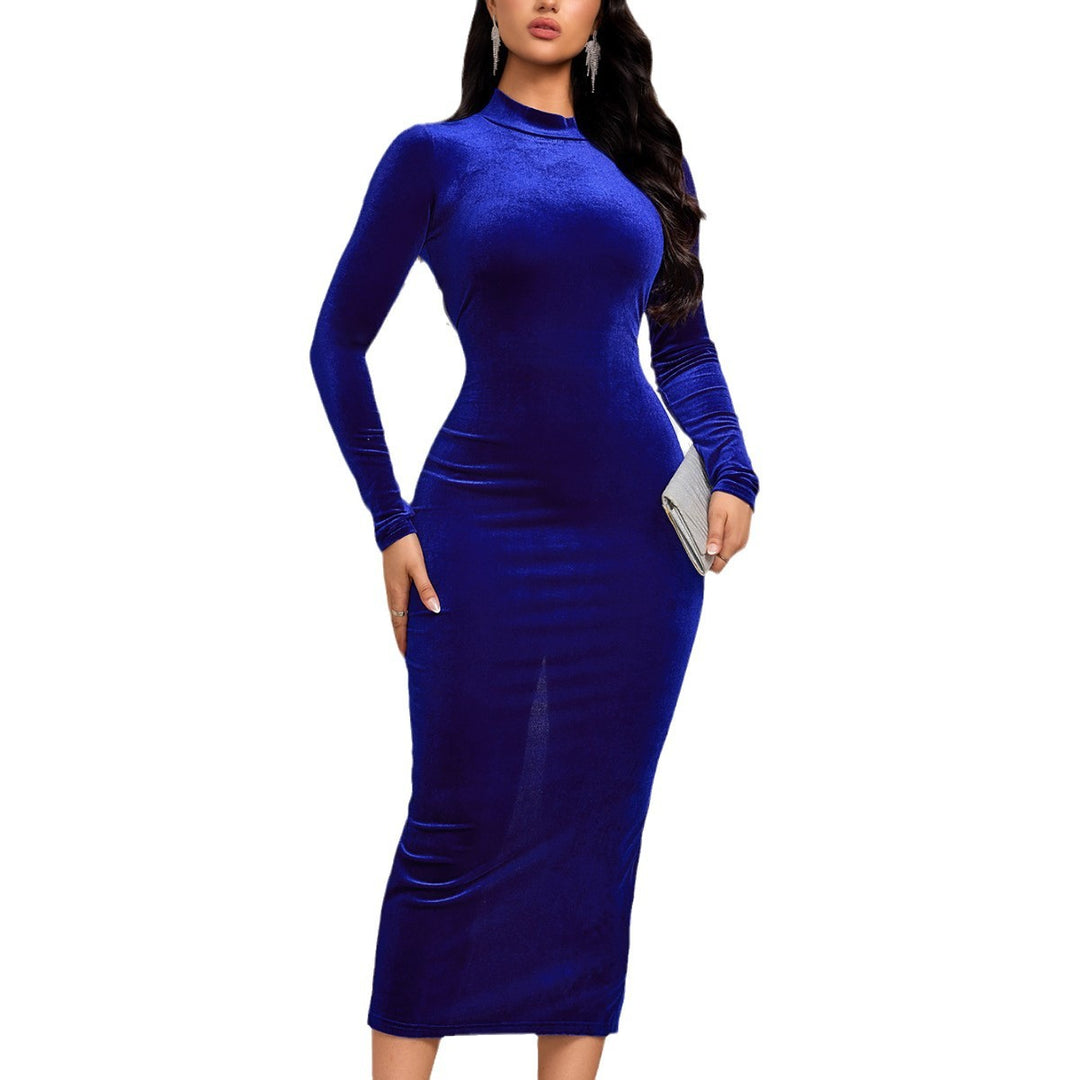 Damen Samt-Midikleid mit elegantem Stehkragen und langen Ärmeln Drune