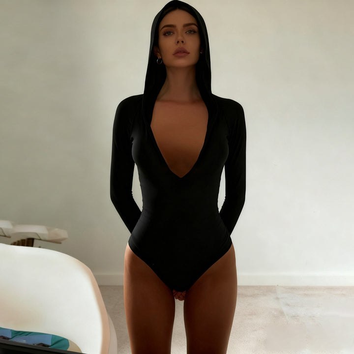 Damen langärmliger Body mit Kapuze und tiefem V-Ausschnitt Drune