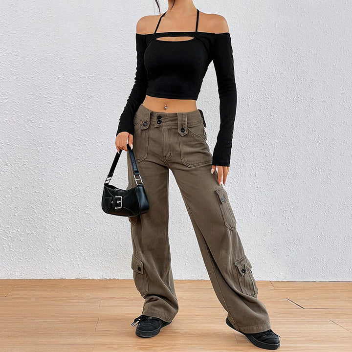 Damen Off-Shoulder Crop-Top mit asymmetrischem Cut-Out und langen Ärmeln Drune