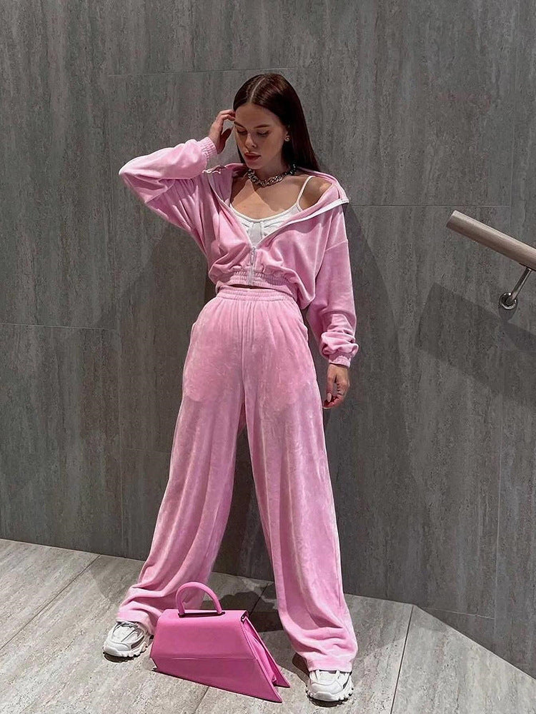 Damen nan Cropped Velours-Joggingset mit halbem Reißverschluss, gerafftem Komfortbund und breiten Bündchen Drune