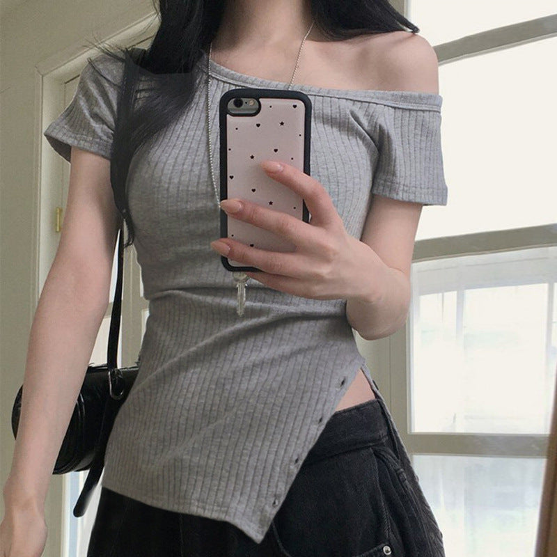 Damen asymmetrisches Kurzarm-Oberteil mit Knopfdetails und einzigartigem Schnitt Drune