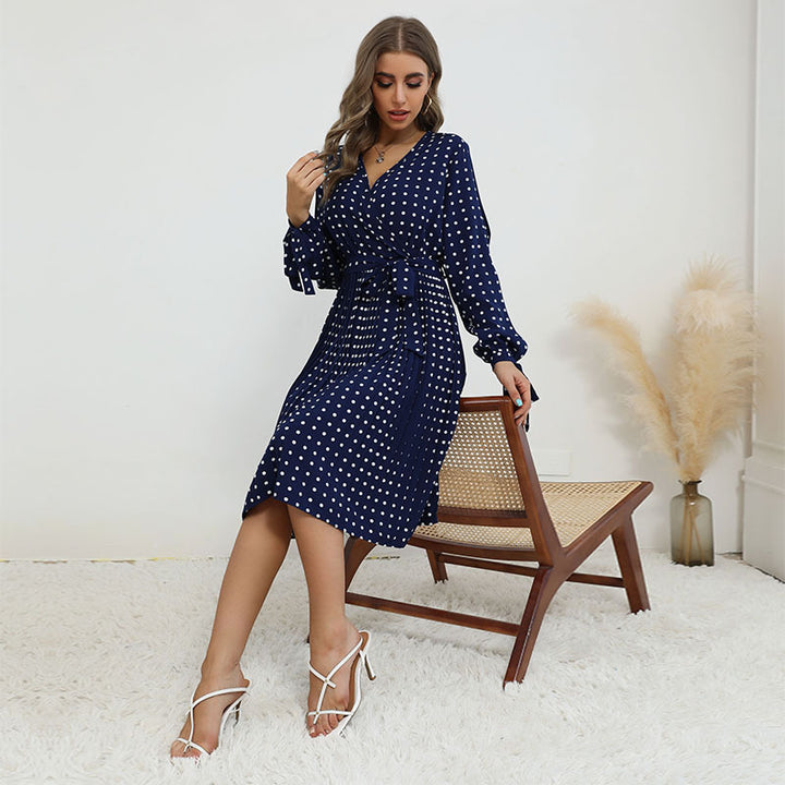 Damen Wickelkleid mit eleganten Punkten und taillierbarem Gürtel Drune