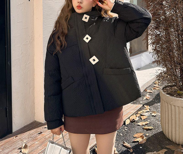 Damen Puffy Winterjacke mit Kapuze und dekorativen Knöpfen Drune