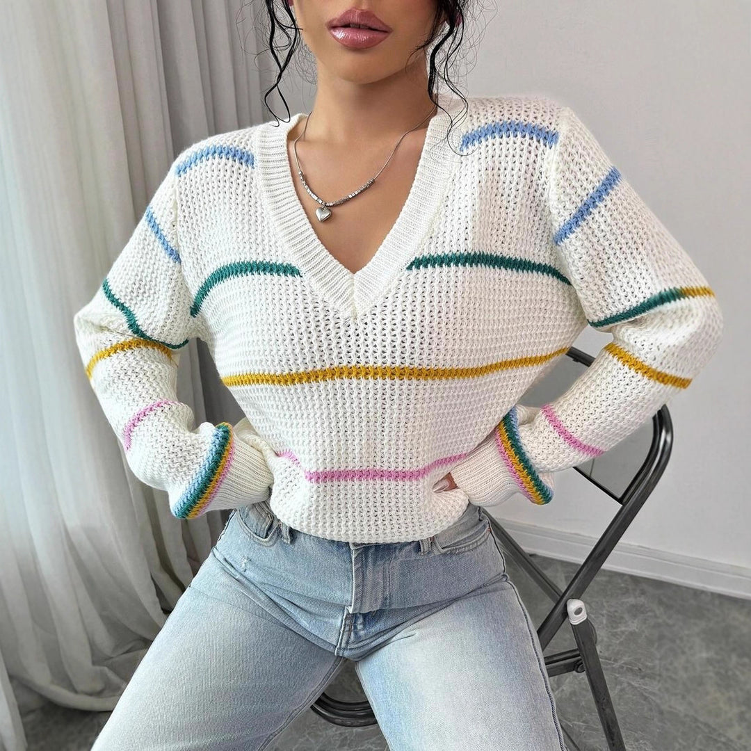 Damen lässiger Strickpullover mit V-Ausschnitt und buntem Streifenmuster Drune