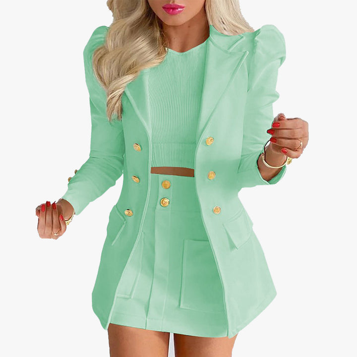 Damen nan tailliertes Zweiteiler-Businesskostüm mit doppelreihigem Blazer und figurbetontem Minirock Drune