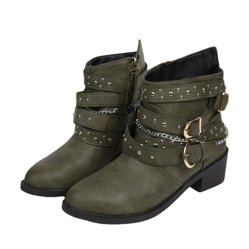 Damen nan knöchelhohe Biker-Stiefelette mit Nietenriemen, Ketten- und Dornschließen-Details Drune