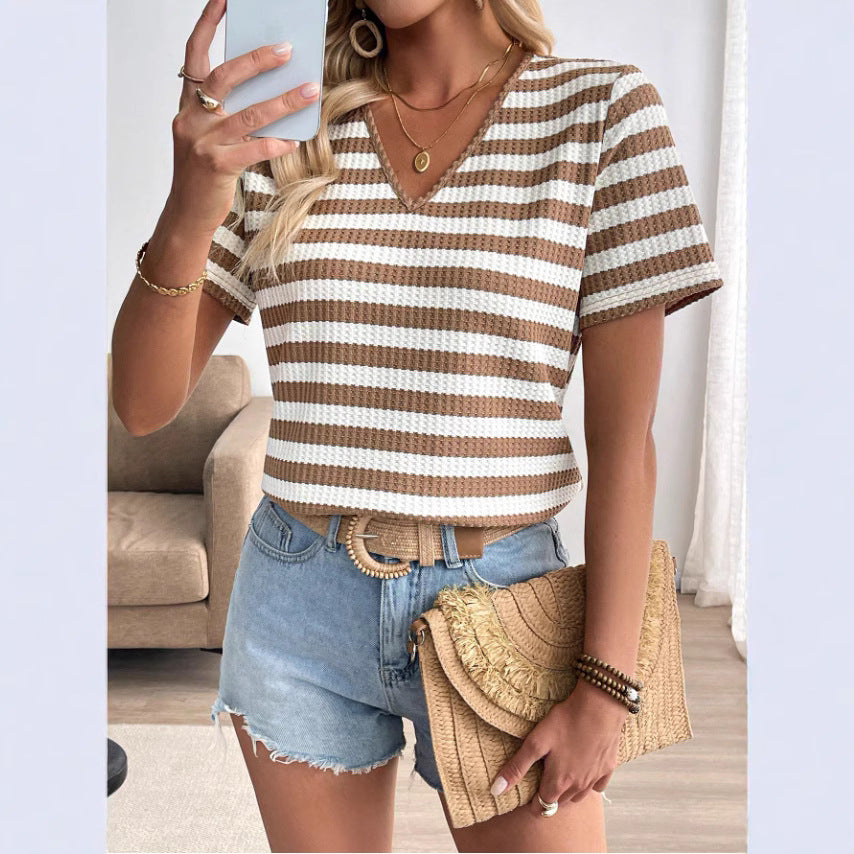 Damen lässiges V-Neck T-Shirt mit Streifenmuster Drune