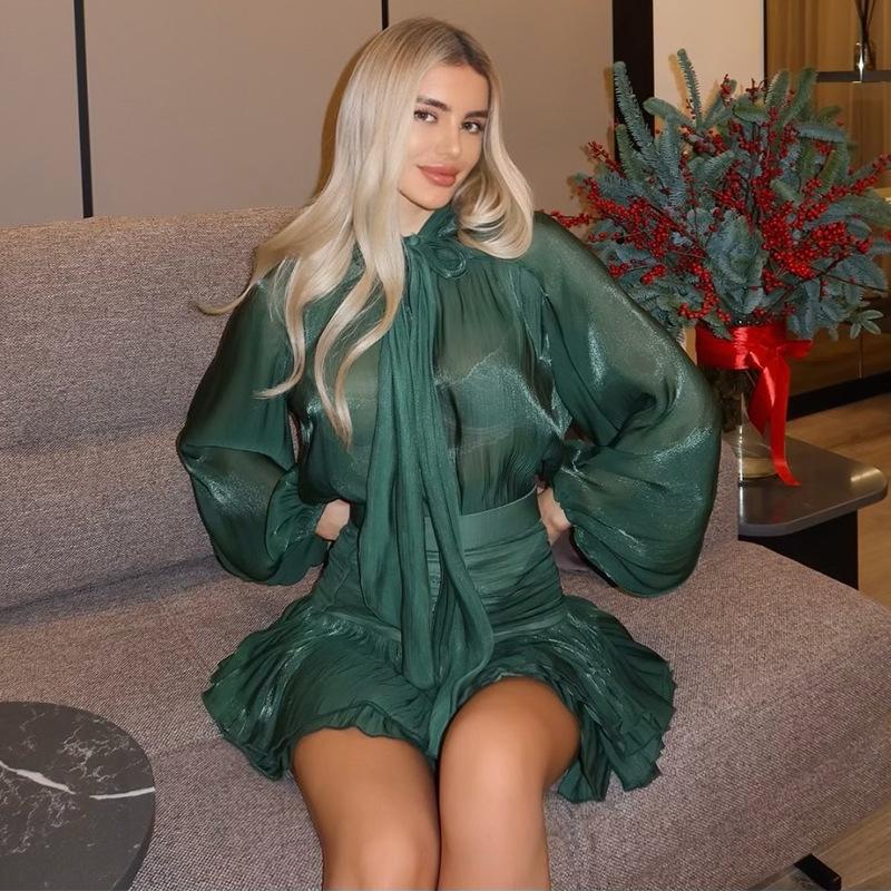 Damen Elegantes Mini-Kleid mit Schluppenkragen Drune