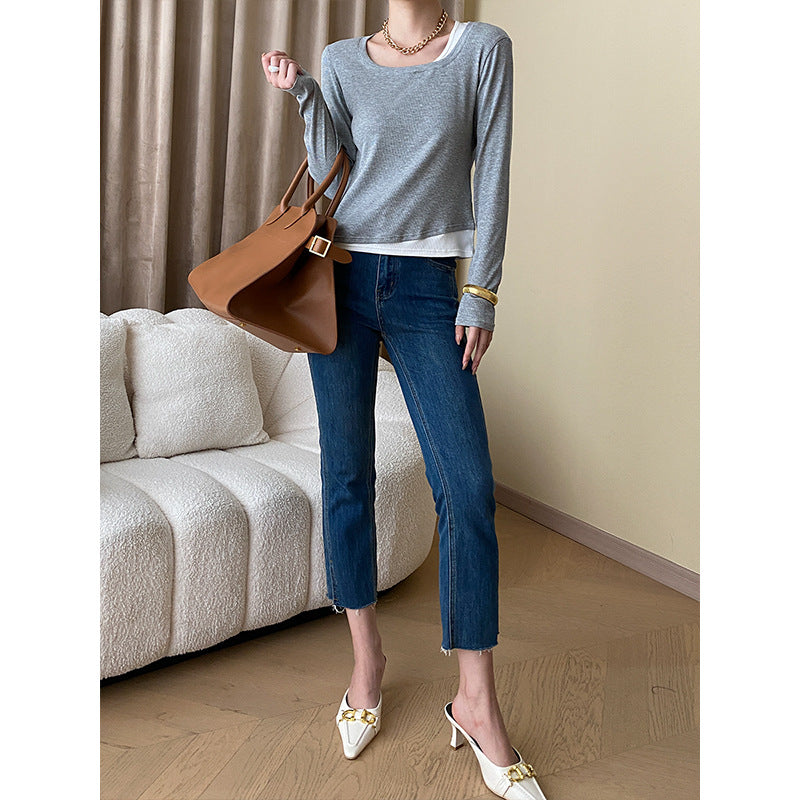 Damen lässiges Langarmshirt mit modischem Chiffon-Detail und feiner Struktur Drune
