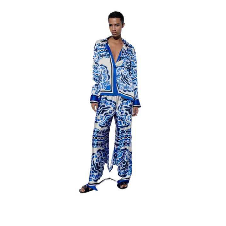 Damen Weitgeschnittenes, florales Langarmhemd und Hose Set Drune