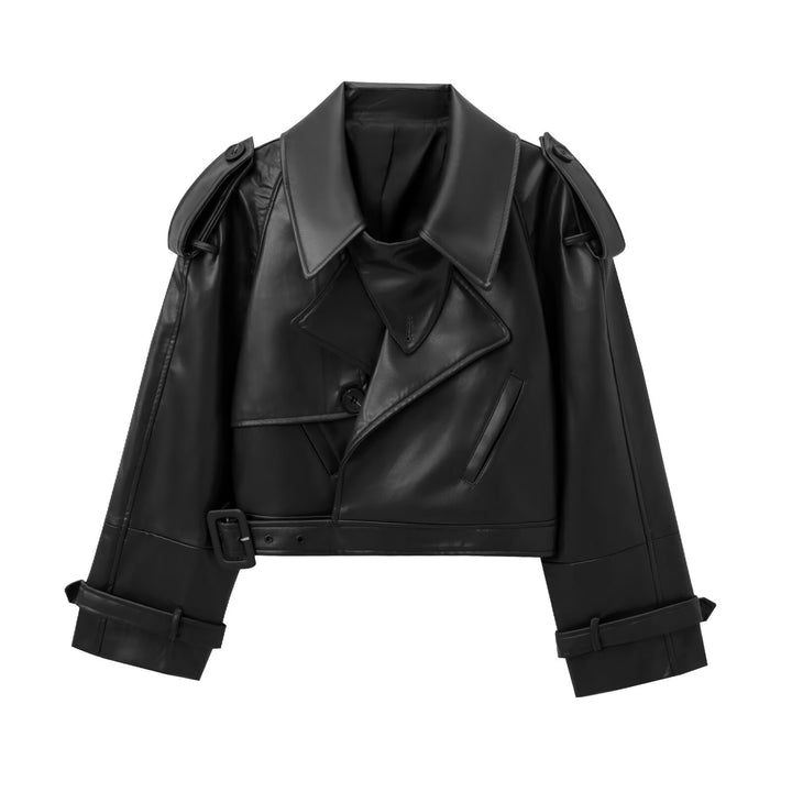 Damen cropped Leder Motorradjacke mit asymmetrischem Revers Drune