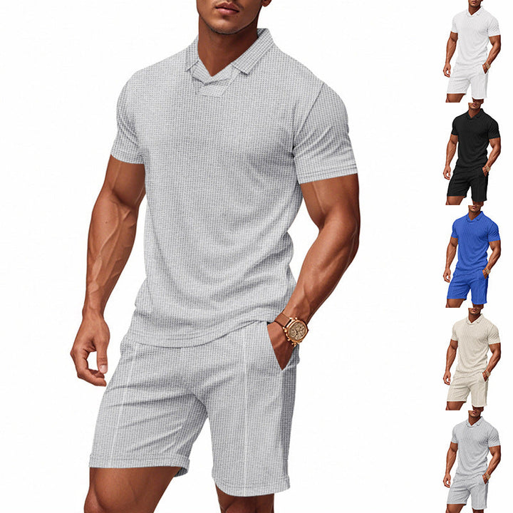 Herren nan lässiges Waffelstruktur-Freizeitset mit Reverskragen-Kurzarmshirt und elastischen Freizeitshorts Drune