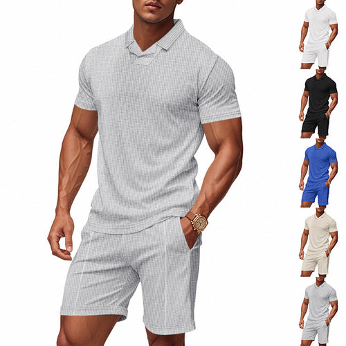 Herren nan lässiges Waffelstruktur-Freizeitset mit Reverskragen-Kurzarmshirt und elastischen Freizeitshorts Drune