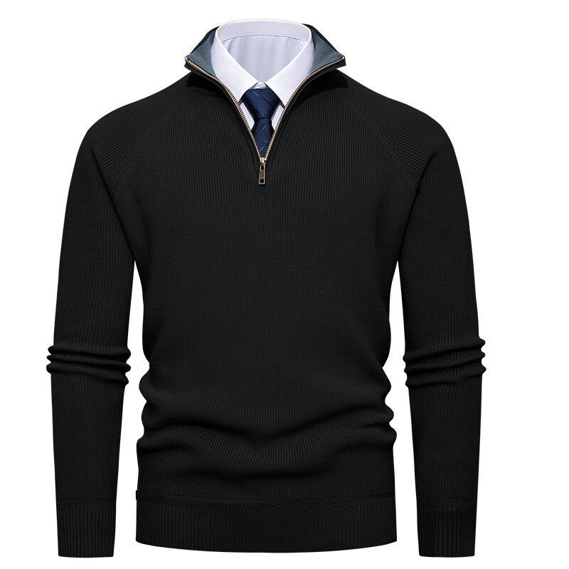 Herren nan feiner Strickpullover mit Halbzip, strukturierter Rippoptik und innen kontrastiertem Stehkragen Drune