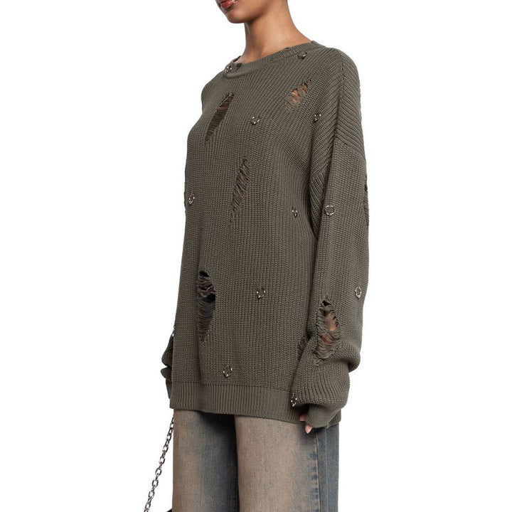 Damen lässiger Pullover mit modischen Rissdetails und Schmuck-Applikationen Drune