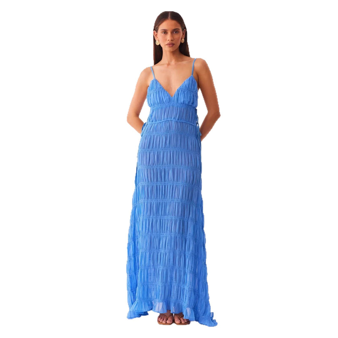 Damen Maxikleid mit raffiniertem Rüschendesign und tiefem V-Ausschnitt Drune
