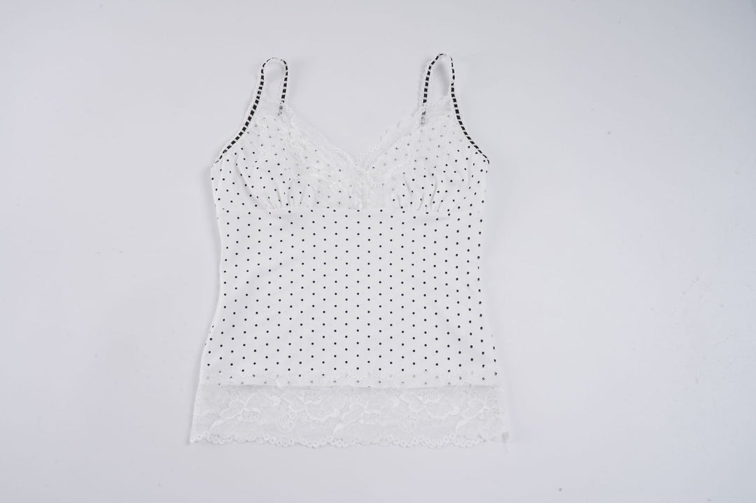Damen Spaghetti-Trägertop mit floralen Spitzenakzenten und Polka-Punkten Drune