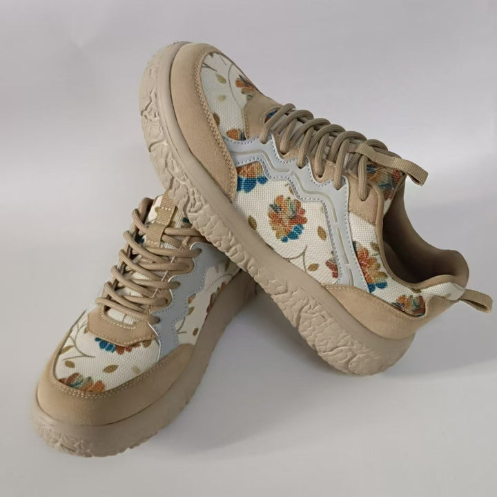 Damen nan modische Plateau-Sneaker mit floralem Canvasmuster und Velourslederbesatz Drune