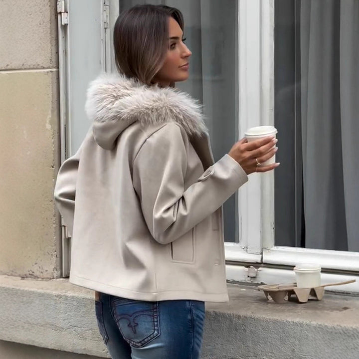 Damen modische Übergangsjacke mit luxuriösem Kunstpelzkragen Drune