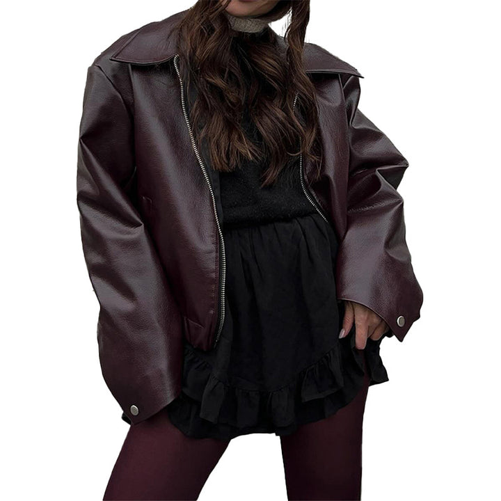 Damen Moderne Kunstlederjacke im Oversized-Schnitt mit klassischen Details Drune