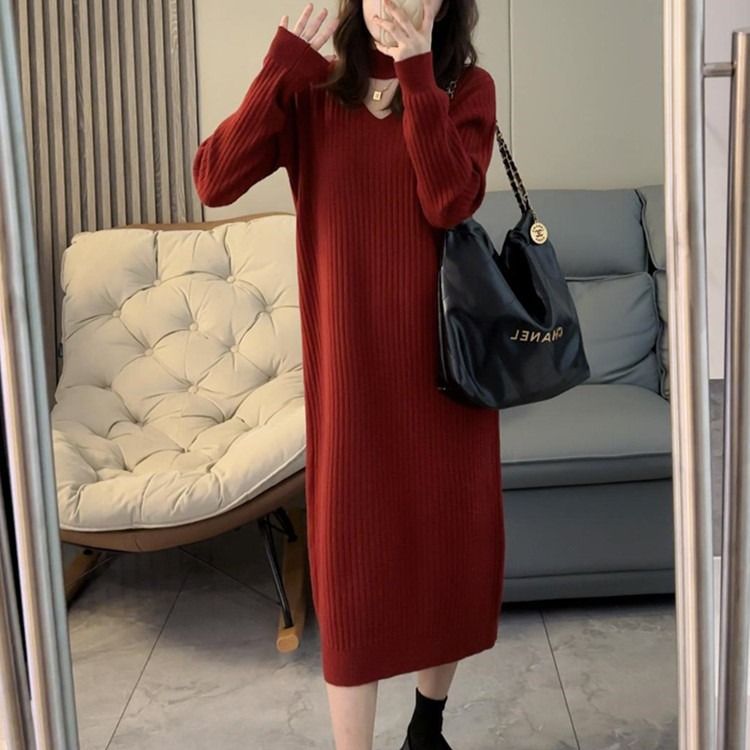 Damen Strickkleid mit tiefem V-Ausschnitt und elegantem Rippdesign Drune