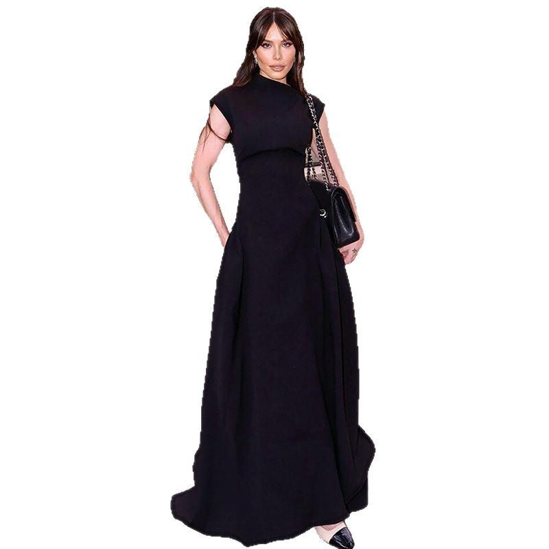 Damen Maxi-Abendkleid mit elegantem Stehkragen und schwingendem Rock Drune