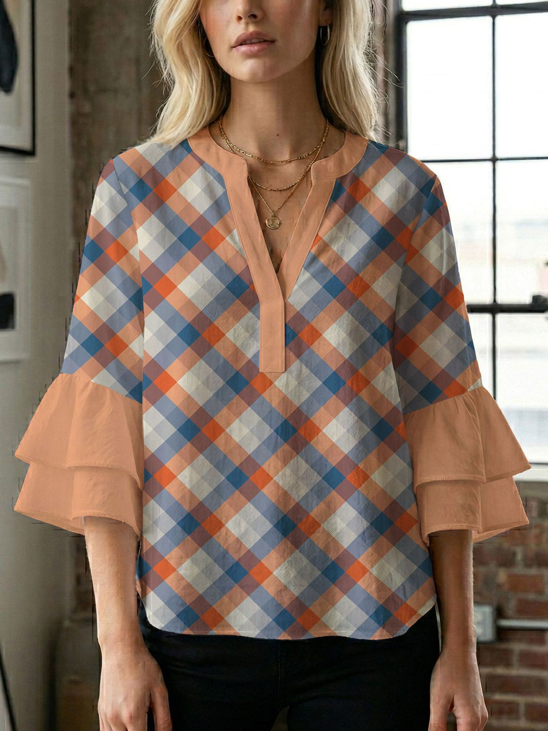 Damen Blusenshirt mit voluminösen Ärmeln und kreativem Druckdesign Drune