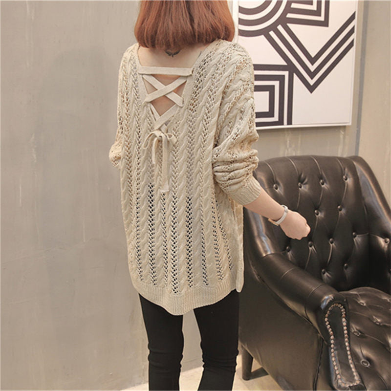Damen Strickpullover mit Off-Shoulder-Design und Rückenschnürung Drune
