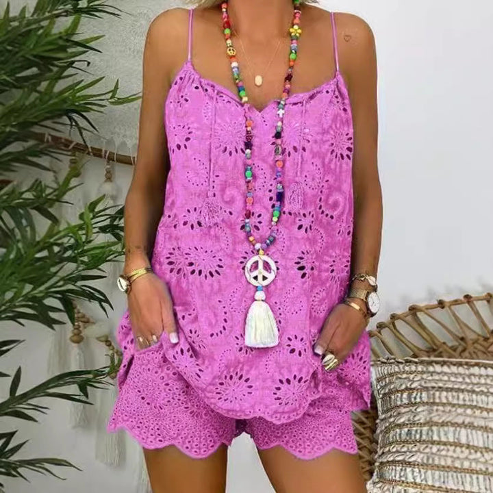 Damen luftiges Sommeroberteil mit Spitze und passenden Shorts Drune