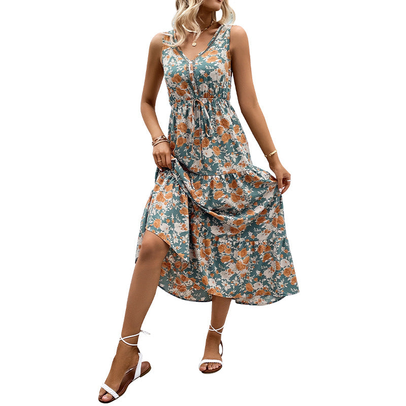Damen Maxikleid mit floralem Design, elastischem Taillenzug und Rüschendetails Drune