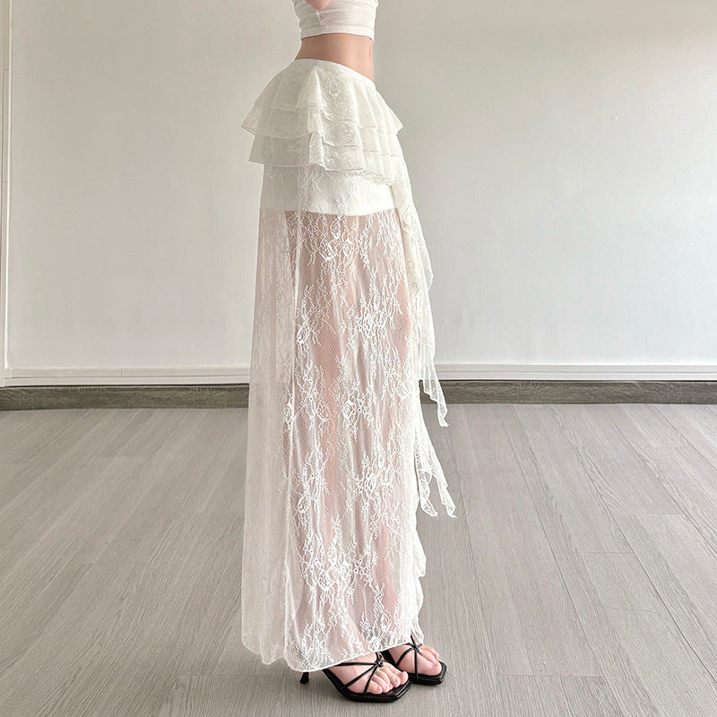 Damen Spitzenrock mit voluminösen Rüschendetails Drune