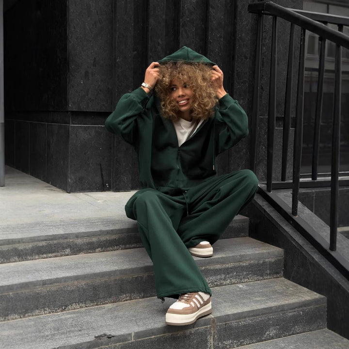 Damen nan weites Lounge-Set mit Zip-Hoodie, Kängurutasche und extraweiter Highwaist-Jogginghose Drune