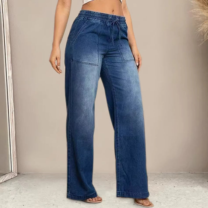 Damen Weit geschnittene Jeanshose mit elastischem Bund und modischem Used-Look Drune